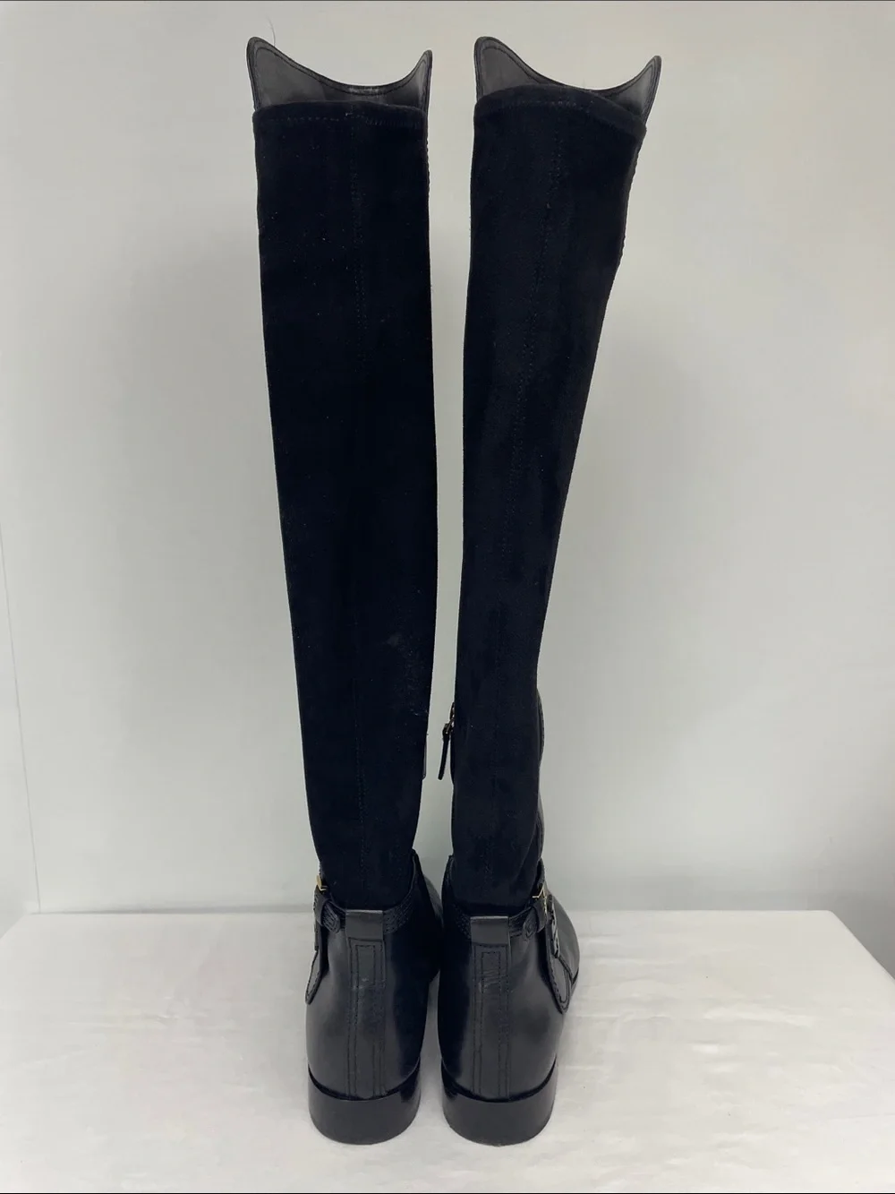 Tory Burch Black Leather & Stretch Over-the-Knee Riding Boots with Buckle